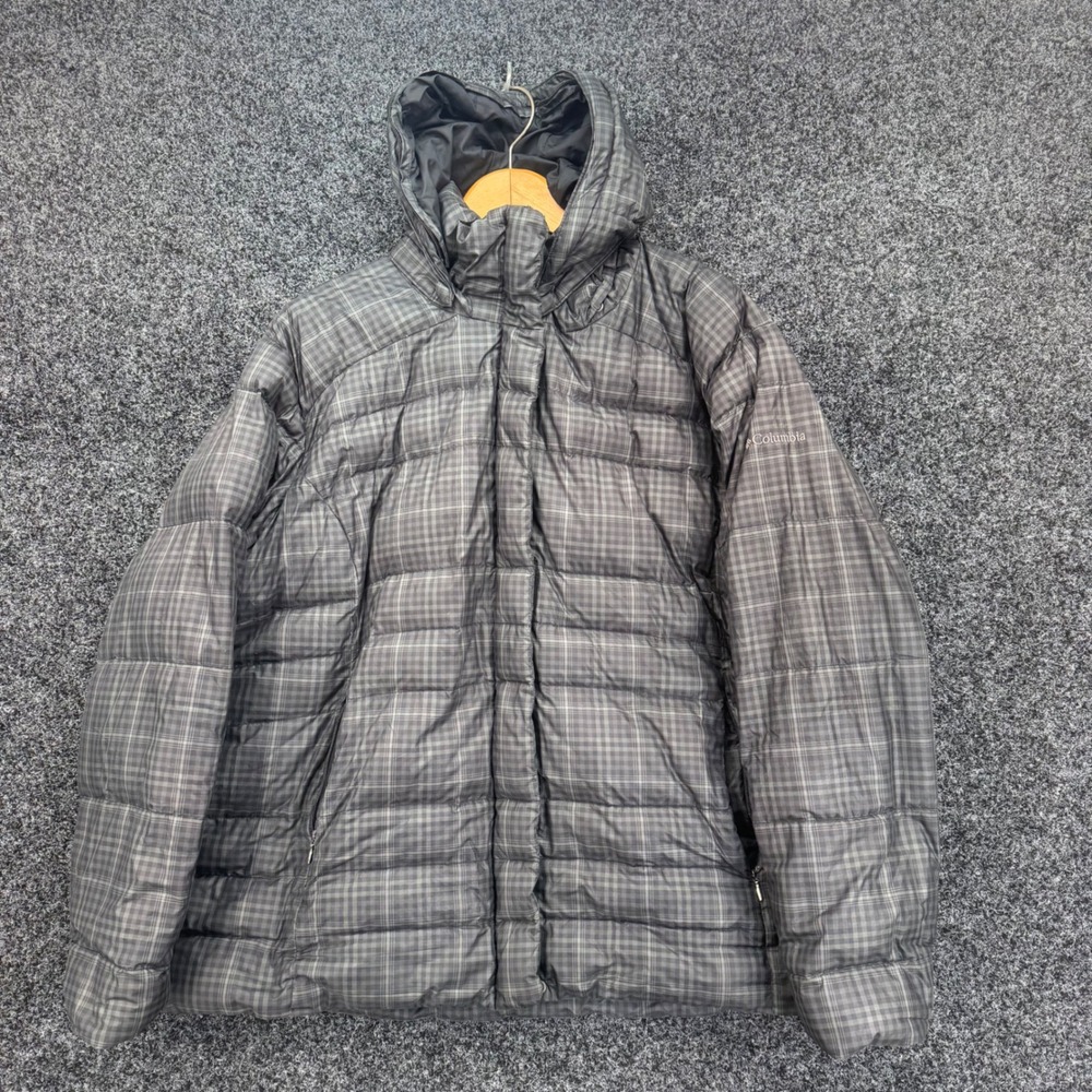Columbia Mens 3X Plaid Down Puffer Jacket Grey Black Hooded Parka RN69724